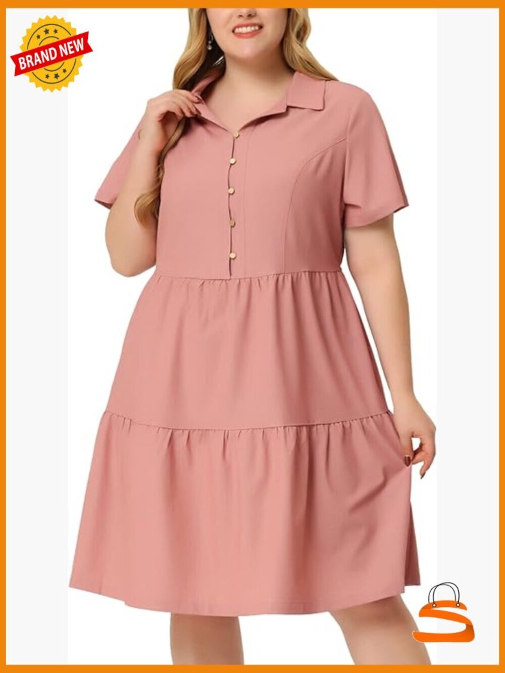 Plus Size Chambray Babydoll Dress Short Sleeve Button Down Flowy Midi A-Line